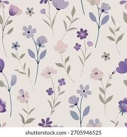 A gentle and repeating floral pattern featuring soft pastel wildflowers on a creamy backdrop.