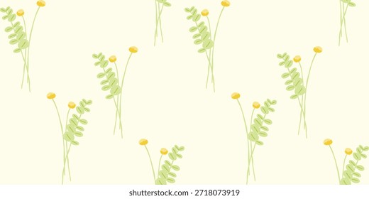 Un patrón floral suave que se repite con ramas de eucalipto verde y Pequeñas flores amarillas sobre un fondo crema claro.