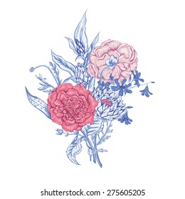 Gentle Retro Summer Blue Floral Greeting Card, Vintage Bouquet, Vector illustration. Roses. Poppies. Bluebells. Peony. Lily on White Background
