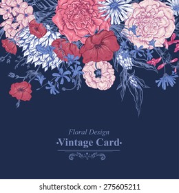 Gentle Retro Summer Blue Floral Greeting Card, Vintage Bouquet, Vector illustration. Roses. Poppies. Bluebells. Peony. Lily on Dark Background