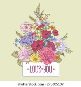 Gentle Retro Summer Floral Greeting Card, Vintage Bouquet, Vector illustration. Roses. Poppies. Bluebells. Peony. Lily on Beige Background