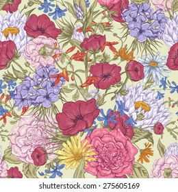 Gentle Retro Summer Seamless Beige Floral Pattern, Vintage Greeting Bouquet, Vector illustration. Roses. Poppies. Bluebells. Peony. Lily on Beige Background