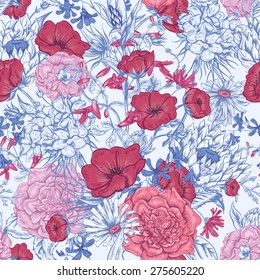 Gentle Retro Summer Seamless Blue Floral Pattern, Vintage Greeting Bouquet, Vector illustration. Roses. Poppies. Bluebells. Peony. Lily on White Background