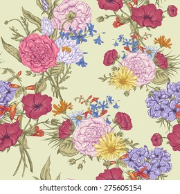 Gentle Retro Summer Seamless Floral Pattern, Vintage Greeting Bouquet, Vector illustration. Roses. Poppies. Bluebells. Peony. Lily on Beige Background