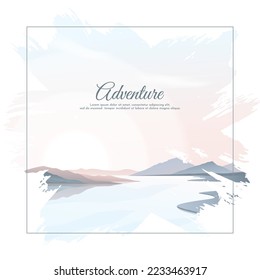 A gentle river bank and silhouettes of mountains in the distance. Morning twilight, sunrise. Vector illustration for banner, invitation, card, cover. Travel, mountain tourism, recreation in nature.