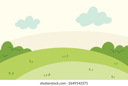 Gentle rolling green hills under a pale sky with fluffy clouds. A simple, idyllic landscape illustration.