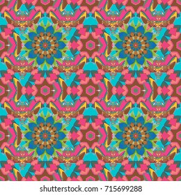 Gentle romantic print. Spring summer time. Holidays mood. Flowers on pink, blue and brown background. Vector seamless cute flower pattern.