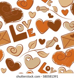Gentle romantic seamless flower, hearts and letter ditsy pattern. Vector wild flower, spring summer time, nature in bloom, beige, brown and orange holiday motif on a white background allover print.