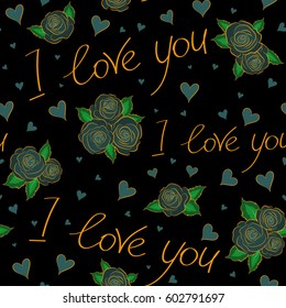 Gentle romantic seamless flower, hearts ditsy pattern. Vector wild flower, spring summer time, nature in bloom, blue and yellow holiday motif on a black background allover print.