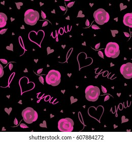 Gentle romantic seamless flower, hearts and letter ditsy pattern. Vector wild flower, spring summer time, nature in bloom, purple and magenta holiday motif on a black background allover print.