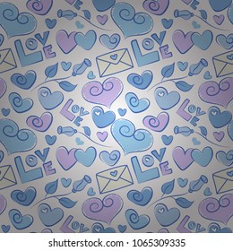 Gentle romantic seamless hearts, rose flower and letter ditsy pattern. Vector spring summer time, nature in bloom, blue and white holiday motif allover print.