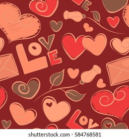 Gentle romantic seamless hearts, rose flower and letter ditsy pattern. Vector spring summer time, nature in bloom, red, brown and orange holiday motif allover print.