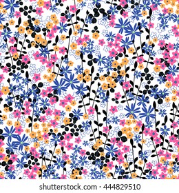 Gentle romantic seamless romantic naive flower ditsy pattern with leaves, wild flowers, spring summer time, nature in bloom, colorful floral background allover print 