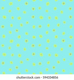 Gentle romantic seamless naive flower in green, blue and violet colors. Vector ditsy pattern with leaves, spring summer time, colorful floral background allover print.