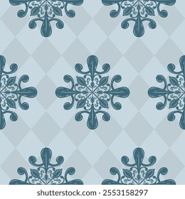 Ornamento de desplazamiento redondo suave azul con patrón de fondo de argyle. Vestido masculino de los hombres en el color de Qing para el pañuelo de la corbata de la camisa. ELEGANCIA sentimiento y tono Opulencia Alta Costura Diseño Vector sin costuras