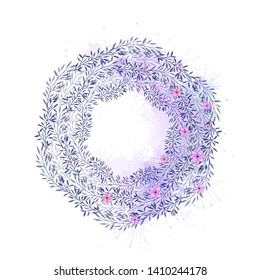 Gentle round wreath of flowers, plants and branches with leaves and watercolor splashes. The object is separate from the background. Circle frame for invitation, cards, banners and your design.