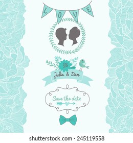 Gentle Save the Date card in blue colors with cute bird and flowers. Stylish romantic wallpaper ideal for wedding designs. Vintage wedding background in vector