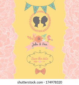 Gentle Save the Date card in bright colors with cute bird and flowers. Vector romantic wallpaper ideal for wedding designs. Vintage wedding background in vector