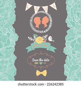 Gentle Save the Date card en colores brillantes con pájaro y flores adorables. Papel pintado romántico y elegante, ideal para el diseño de bodas. Fondo de bodas vintage en vector