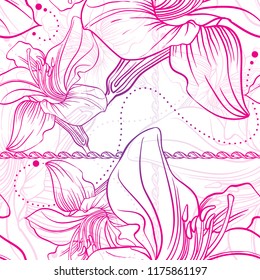 Gentle seamless background. Vector illustration. Drawing with your hands. Design of a repeating ornament. Ornament of flowers. Lily flowers. White background. Multilayered. Purple gradient.