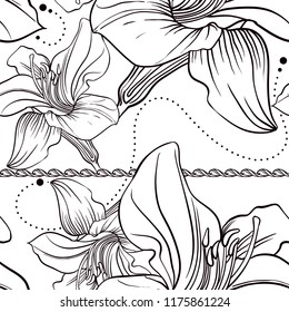 Gentle seamless background. Vector illustration. Drawing with your hands. Design of a repeating ornament. Ornament of flowers. Lily flowers. White background. Black and white. Graphic arts.
