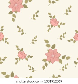 Gentle seamless cute summer pattern of flowers and leaves in trendy pastel colors.Random order.For textile, linen,wallpaper, clothes, print, gift wrap, scrapbooking, decoupage.Vector illustration