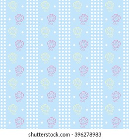 Gentle seamless dots pattern with charming full-blown roses. Cute simple floral ornament in white, pastel blue, pink, yellow colors. Vector illustration for fabric, scrapbooking paper and other