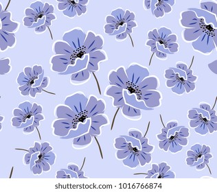 Gentle seamless floral pattern with blue anemones on light blue background. Vector spring design.