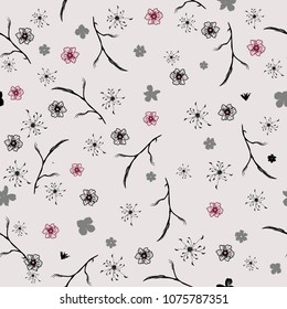 A gentle seamless floral pattern in many varieties of wildflowers. Pink and black silhouettes of plants are scattered randomly on a light background.Vector for fashion prints, textiles, wallpapers