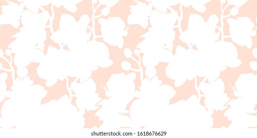 Gentle seamless floral pattern with white silhouettes of tropical flowers on light pink background. Hand drawn manual graphic. For textile, wallpaper, interior fabric, bedding. Vector illustration.