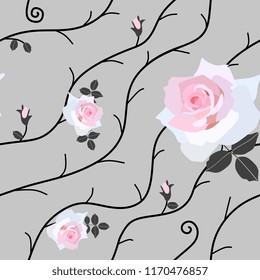 Gentle seamless pattern with abstract branches and beautiful pink rose flowers on grey background in vector. Print for fabric.