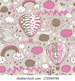 Gentle seamless pattern with air balloons in the sky. Vector background with funny clouds, sun, rainbow and bird. Freedom concept. Wedding decoration. Celebration design in pink colors