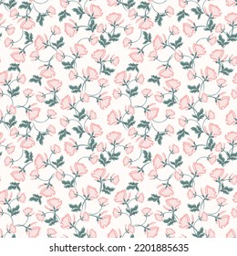 Gentle, seamless pattern with beautiful light pink flowers similar to poppy, peony, tea rose on white background.  Vector illustration. Modern textile, branding, packaging, wallpapers, fabrics
