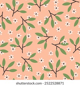 Patrón suave sin fisuras con ramas, hojas verdes y flores sobre un fondo rosa. Ilustración vectorial dibujada a mano. Diseño de verano y primavera.