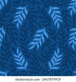 Gentle seamless pattern with  branches of leaves on dark blue background for summer or spring, romantic garden ornament