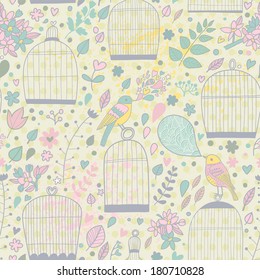 Gentle seamless pattern with cages and birds in pastel colors. Cute summer texture with elegant birdcages. Wedding floral vector background.