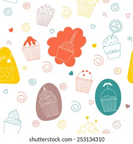 Gentle seamless pattern with cake on the background of bright spots