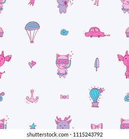 Gentle seamless pattern with a cat, a giraffe, a deer, and doodles.