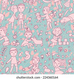 Gentle seamless pattern with children playing with toys. Vector background with cartoon boys and girls, flowers and butterflies, dogs and toys. 