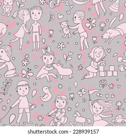 Gentle seamless pattern with children playing with toys. Nice background with cartoon boys and girls, flowers and butterflies, dogs and toys.
