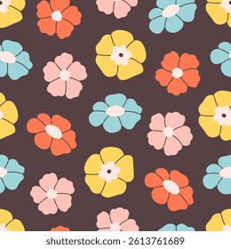 Gentle seamless pattern with colorful flowers. Cute minimalist print. Printing on textiles, wallpaper, wrapping paper. Vector illustration in flat style