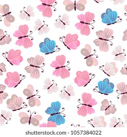 Gentle seamless pattern with colorful flying butterflies isolated on white background in vector.