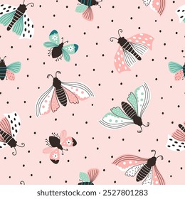 Gentle seamless pattern with cute butterflies and moths of different types and flowers on a pink with dots background. Design for print on fabric, wrapping paper and other purpose. Vector illustration