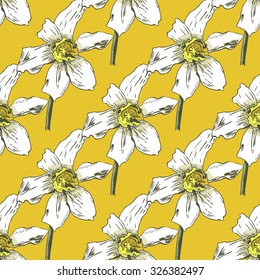  gentle seamless pattern with daffodils on a bright yellow background