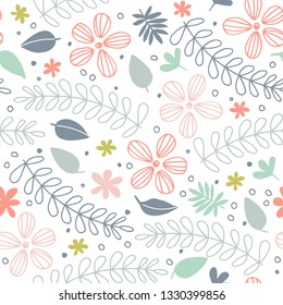 Gentle seamless pattern with doodle flowers and leaves. Vetor illustration.