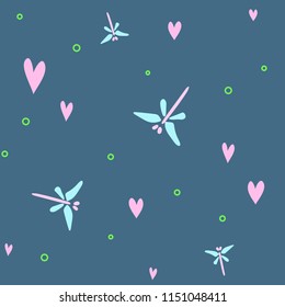 Gentle seamless pattern with dragonflies and hearts. Ideal for gift wrapping, children's textiles and fabrics