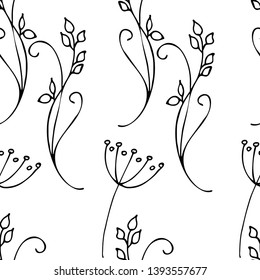 Gentle seamless pattern of field herbs. Hand-drawn in black and white.