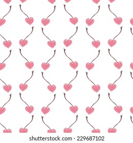 Gentle seamless pattern of pink heart cherry in retro style - watercolor vector