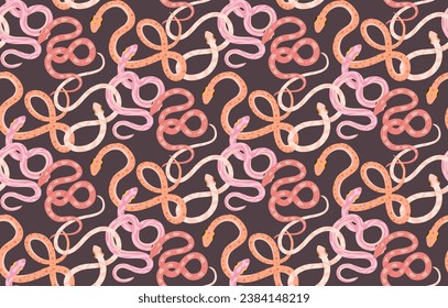 Patrón suave y transparente con serpientes rosas y amarillas. Textura vectorial con serpientes de dibujos animados en colores pastel sobre fondo gris. Diseño de superficie con pitones para telas, papel de envoltura