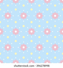 Gentle seamless pattern with polka dot and flowers. Cute baby print with simple floral ornament in white, pastel blue, pink, yellow colors. Vector illustration for fabric, scrapbooking paper and other